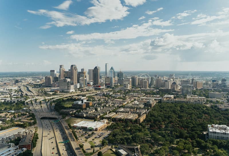Dallas skyline at sunset showcasing modern architecture and urban landscape