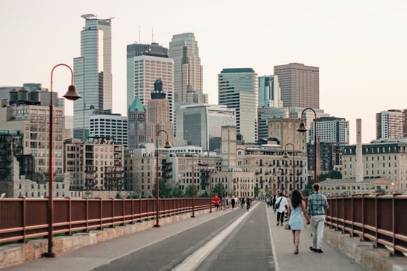 Minneapolis skyline reflecting in one of its many lakes