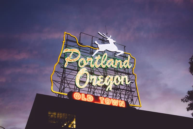 Portland skyline with Mount Hood and Willamette River