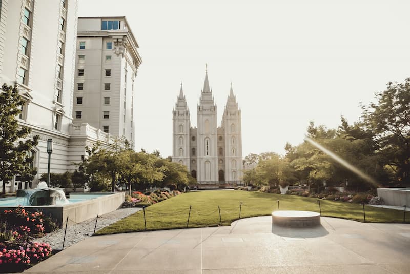 Salt Lake City skyline with Wasatch Mountains and Temple Square
